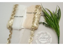 Sequin Lace, GOLD, Scalloped Edge Trim, CREAM mesh - 1m length